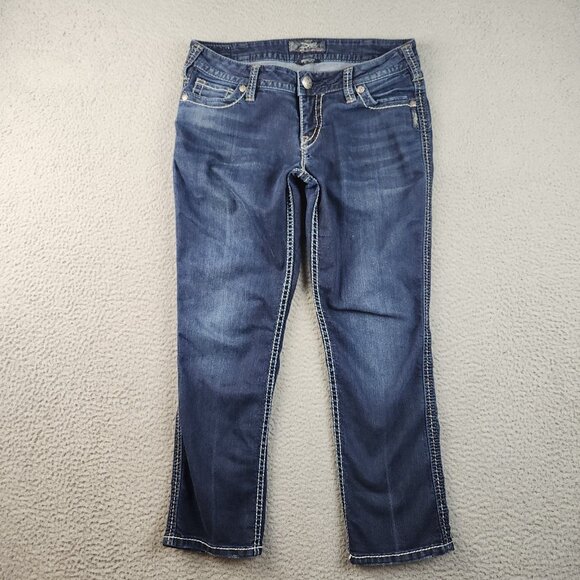 Silver Jeans Denim - Silver Jeans Women's 31 Frances Mid Capri Stretch Low Rise Whiskered Blue Denim